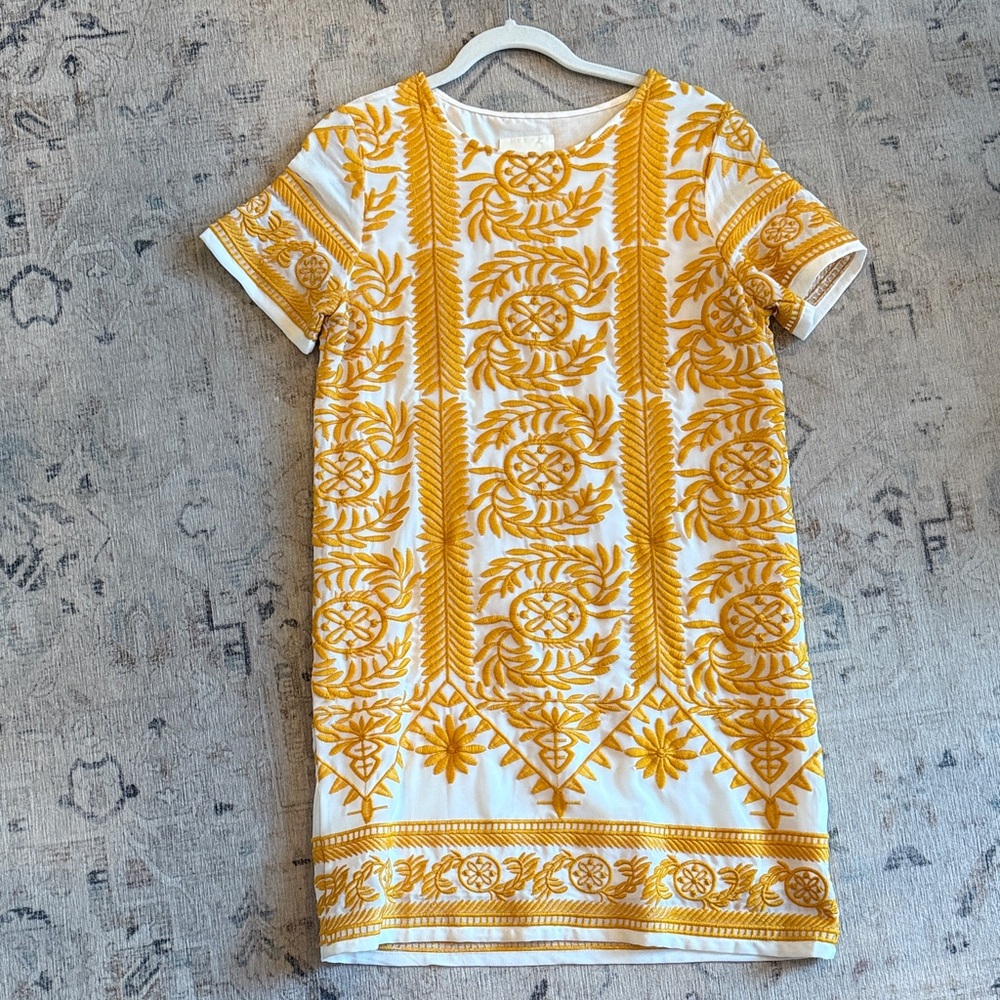 Elegant White and Yellow Embroidered Midi Dress